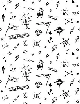 Vector pattern with old school tattoo elements. Black and white Stock Illustration