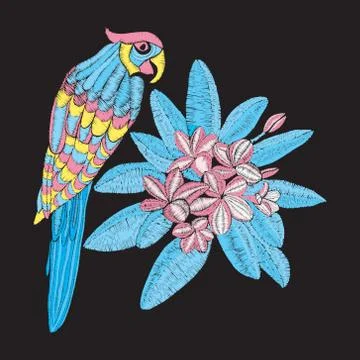 Vector pattern with parrot and flower Plumeria embroidery. イラスト素材