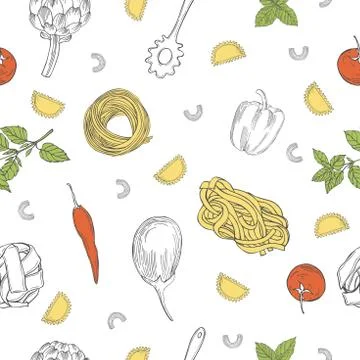 Vector  pattern with  pasta and vegetables . Italian food. Stock Illustration