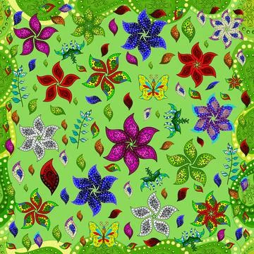 Vector pattern. Pattern with spring flowers with branch, on black, green and red Stock Illustration