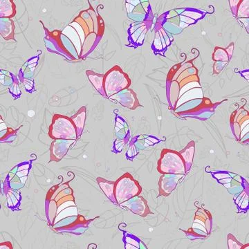 Vector pattern of pink butterflies on a light gray background Stock Illustration
