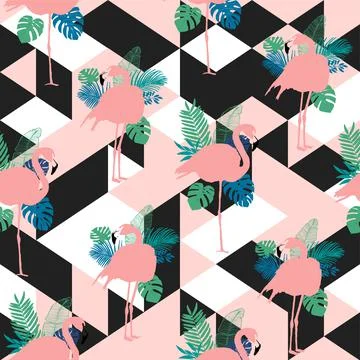 Vector pattern with pink flamingo and palm leaves Stock Illustration