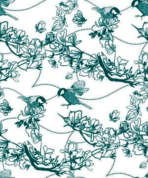 Vector pattern plant engrave ink magnolia birds Stock Illustration