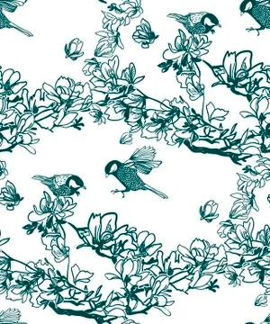 Vector pattern plant engrave ink magnolia birds Stock Illustration