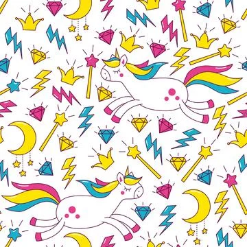 Vector pattern with pony unicorns, magic wand, crown and diamonds. Stock Illustration