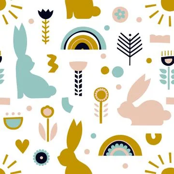 Vector pattern with rabbits and flowers Stock Illustration