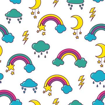 Vector pattern with rainbows, clouds and moon Stock Illustration