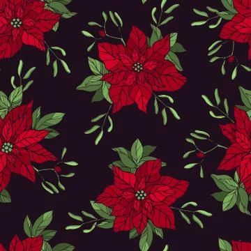 Vector  pattern with red  Christmas flowers. 库存插图