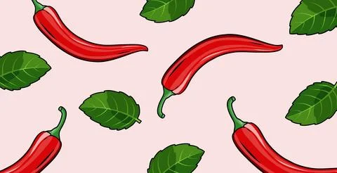 Vector pattern of red pepper and its leaves. Stock Illustration