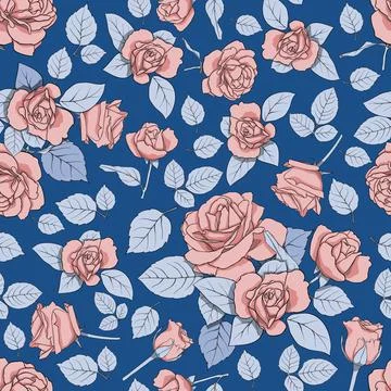 Vector pattern with roses on a blue background. Seamless texture for decorati Stock Illustration