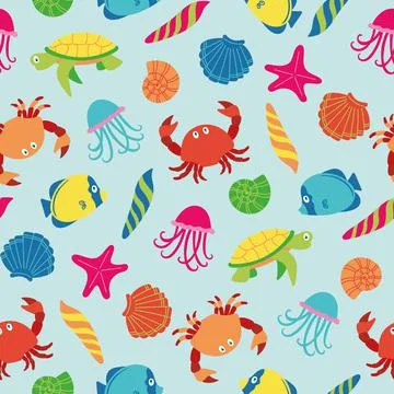 Vector pattern of the sea for children, with inhabitants of the sea, shells.  Stock Illustration