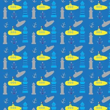 Vector  pattern with sea elements: lighthouses, ships, anchors Stock Illustration