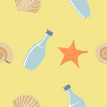 Vector pattern of seashells, starfishes, plastic bottles on the sand. Cleanin Stock Illustration