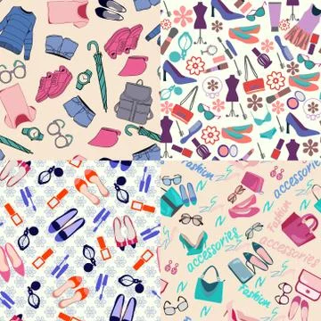 Vector  pattern set of fashion woman clothes, accessories and beauty. Stock Illustration