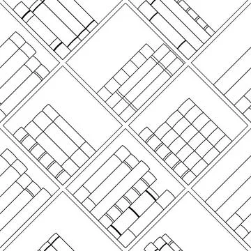 Vector pattern of shelving with books. Angled shelves with gnigs. Black and Stock Illustration