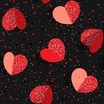 Vector pattern with shiny hearts and confetti on black background イラスト素材