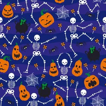 Vector pattern with skeletons, pumpkins and spiders for Halloween. Illustrazione stock