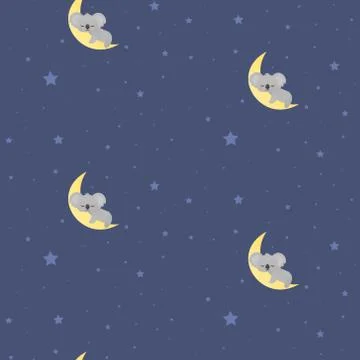 Vector pattern with sleeping koalas , star sky. Dark blue childish repeated イラスト素材