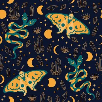 Vector pattern with a snake and a night moth Illustrazione stock