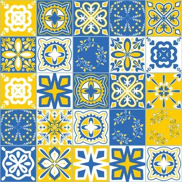 Vector pattern square ceramic tiles in Portuguese Azulejo style, contrast blu 스톡 일러스트