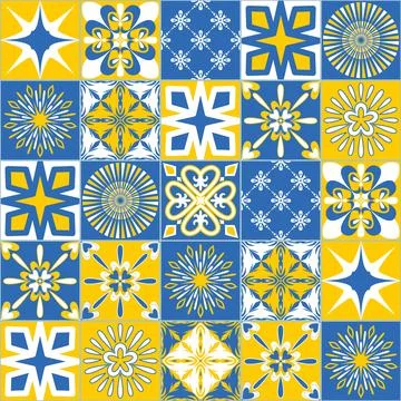 Vector pattern square ceramic tiles in Portuguese Azulejo style, contrast blu Illustrazione stock