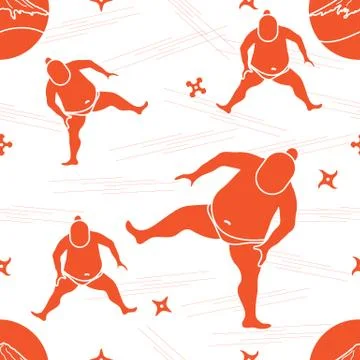 Vector pattern of sumo wrestler, shurikens and mountain Fuji. Illustrazione stock