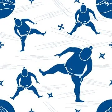 Vector pattern of sumo wrestler, shurikens and mountain Fuji. Stock Illustration