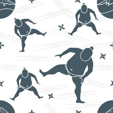 Vector pattern of sumo wrestler, shurikens and mountain Fuji. Illustrazione stock