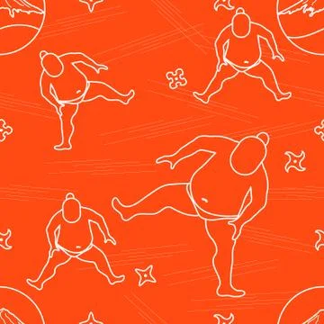 Vector pattern of sumo wrestler, shurikens and mountain Fuji. Stock Illustration