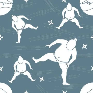 Vector pattern of sumo wrestler, shurikens and mountain Fuji. Stock Illustration