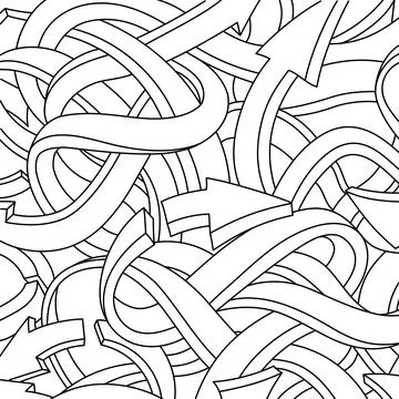 Vector pattern of tangled arrows in black and white line style. Abstract back Illustrazione stock