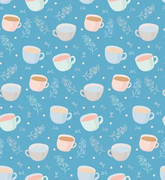 Vector pattern of tea and coffee cups with plant elements. Vector flat Illust Stock Illustration