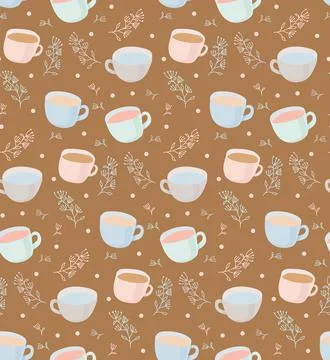 Vector pattern of tea and coffee cups with plant elements. Vector flat Illust 库存插图