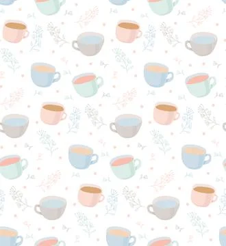 Vector pattern of tea and coffee cups with plant elements. Vector flat Illust Stock Illustration