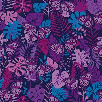 Vector pattern with tropical leaves and butterflies Stock Illustration