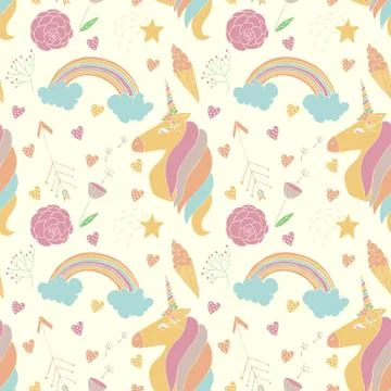 Vector pattern with unicorns, rainbows, flowers etc. Cute seamless pattern. Stock Illustration