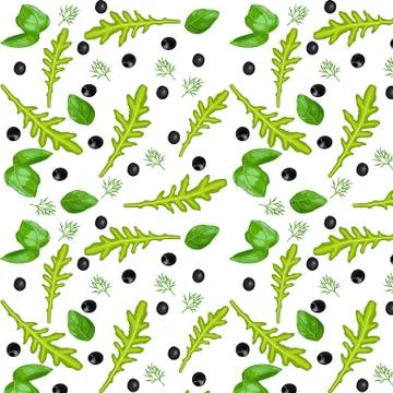 Vector pattern - vegetarian set of greens and black olives isolated Stock Illustration