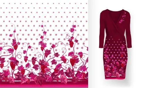 Vector pattern of vines with leaves and berries on classic women's dress mockup Иллюстрация