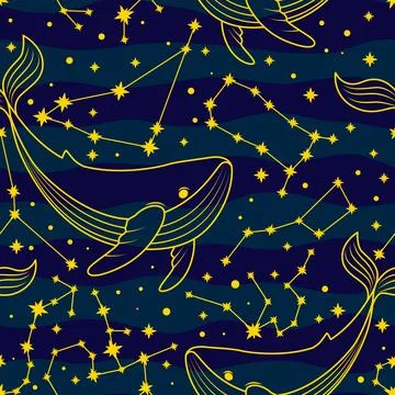 Vector pattern with whales and constellations. Stock Illustration
