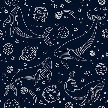 Vector pattern with whales in open space Stock Illustration
