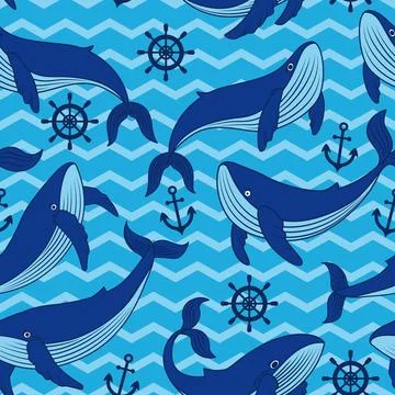 Vector pattern with whales on a striped background Stock Illustration