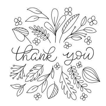 Vector pattern on a white background of flowers, leaves and words - thank you Stock Illustration