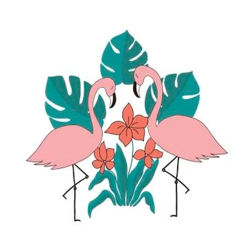 Vector pattern on a white background with the image of pink flamingos, tropical Illustrazione stock