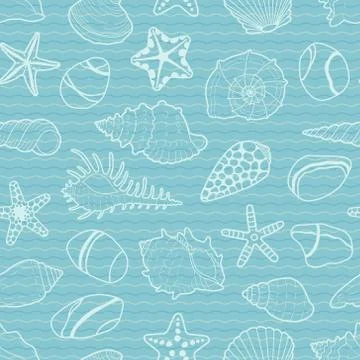 Vector pattern of white sea shells, stars, stones Stock Illustration