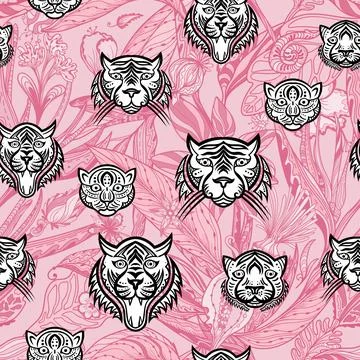 Vector pattern with wild cats and jungle plants Stock Illustration