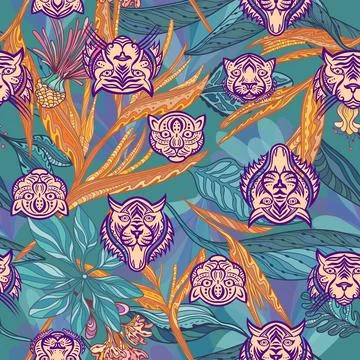 Vector pattern with wild cats and jungle plants イラスト素材