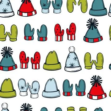 Vector  pattern with  winter hats and mittens. Stock Illustration