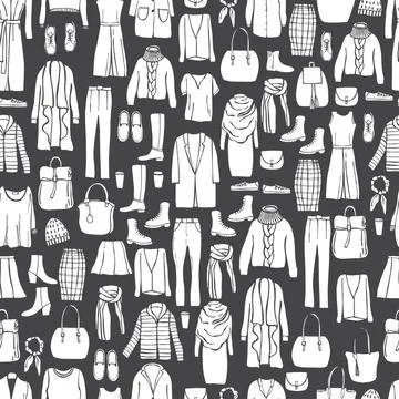 Vector  pattern  with  women's clothing and shoes. Stock Illustration