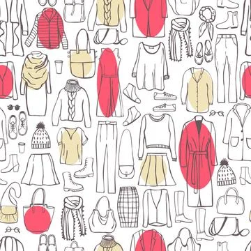 Vector  pattern  with  women's clothing and shoes. Stock Illustration