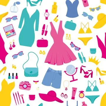 Vector pattern with women's clothing, cosmetics and jewelry Stockillustratie